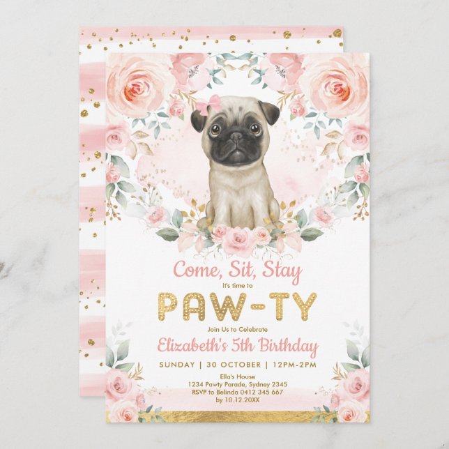 Pink Gold Pug Girls Birthday Puppy Pet Dog Party Invitation (Front/Back)