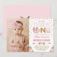 Pink Gold Pumpkin 1st Birthday Invite Autumn Fall