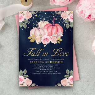Pink Gold Pumpkin Floral Navy Blue Bridal Shower Invitation