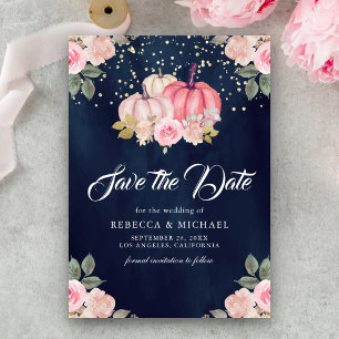 Pink Gold Pumpkin Floral Navy Blue Wedding Save The Date