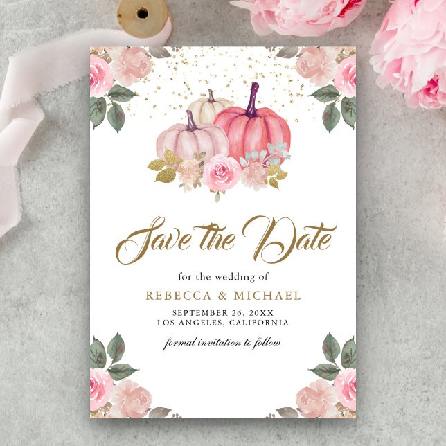 Pink Gold Pumpkin Floral Wedding Save The Date (Creator Uploaded)