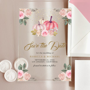 Pink Gold Pumpkin Floral Wedding Save the Date Acrylic Invitations