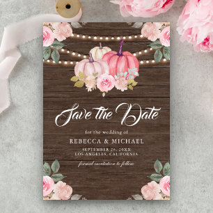 Pink Gold Pumpkin Floral Wood Wedding Save The Date