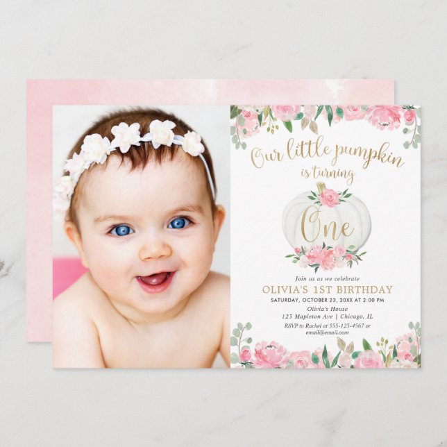 Pink gold pumpkin girl floral 1st birthday photo invitation (Front/Back)
