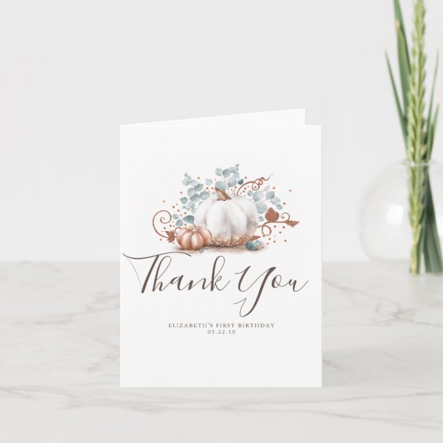 Pink Gold Pumpkins Fall Birthday Thank You Card (Front)