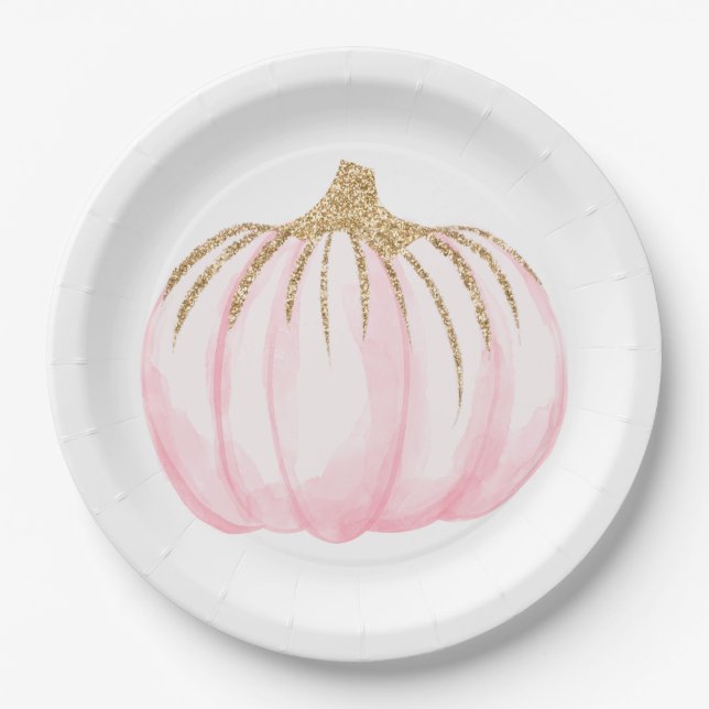 Pink Gold Pumpkins Fall Party Thanksgiving Paper Plate (Front)