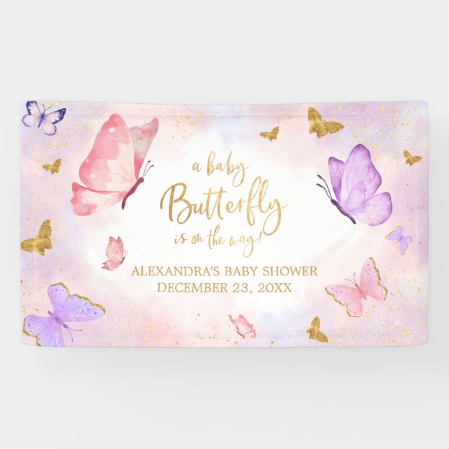 Pink Gold Purple Butterfly Baby Shower Banner (Horizontal)