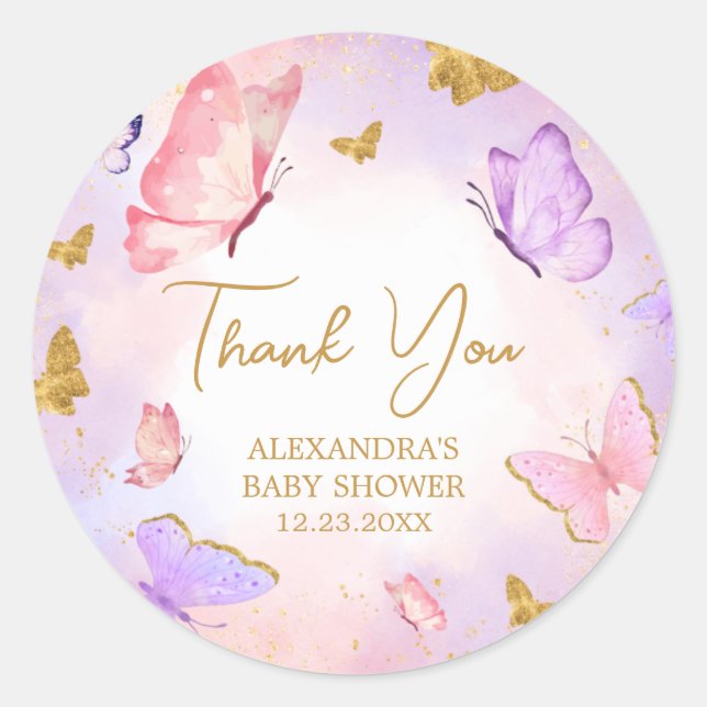 Pink Gold Purple Butterfly Baby Shower Classic Round Sticker (Front)