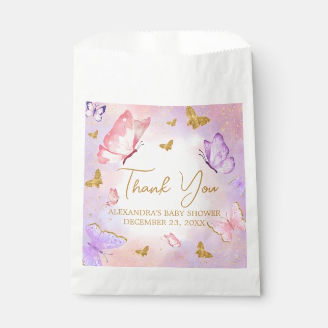 Pink Gold Purple Butterfly Baby Shower Favour Bag (Front)