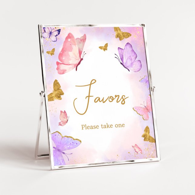 Pink Gold Purple Butterfly Baby Shower Favours Poster (Boho Butterfly Baby Shower Favors Sign)