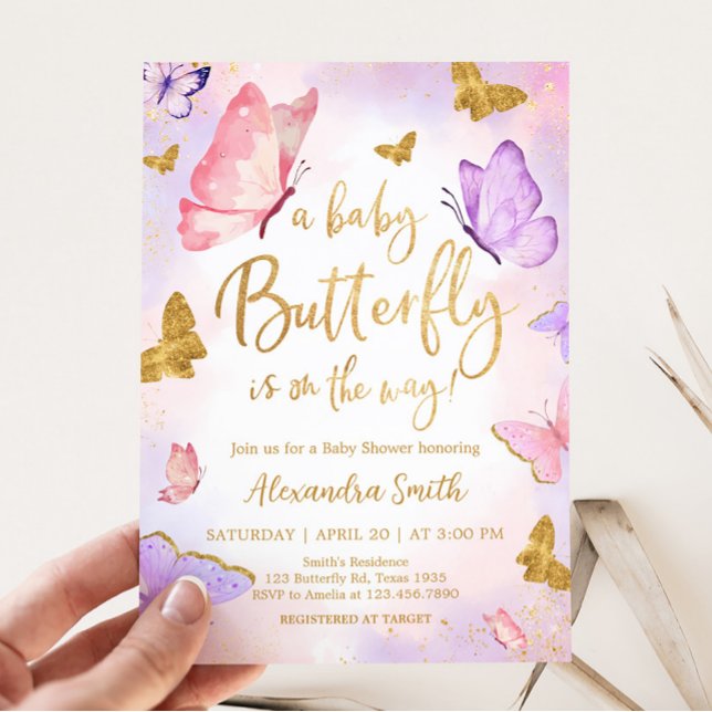 Pink Gold Purple Butterfly Baby Shower Invitation (Boho Butterfly Baby Shower Invitation)