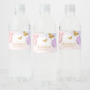 Pink Gold Purple Butterfly Baby Shower Water Bottle Label
