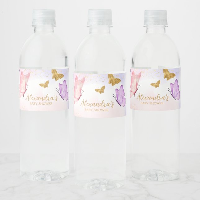 Pink Gold Purple Butterfly Baby Shower Water Bottle Label (Bottles)