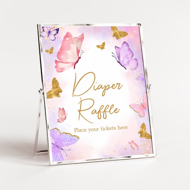 Pink Gold Purple Butterfly Diaper Raffle Poster (Boho Butterfly Baby Shower Diaper Raffle Sign)
