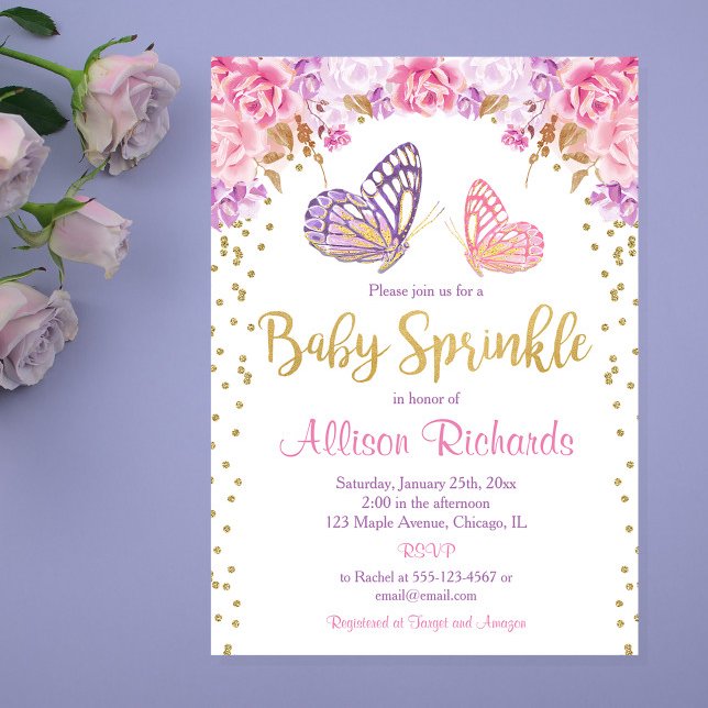 Pink gold purple butterfly girl baby sprinkle invitation (Creator Uploaded)