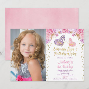 Pink gold purple elegant butterfly photo birthday invitation