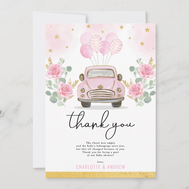 Pink Gold Quarantine Drive By Baby Shower Parade Thank You Card (Front)
