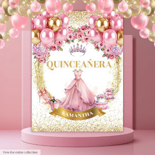Pink Gold Quinceañera Backdrop Glam Balloon Style Tapestry