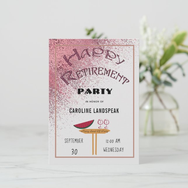 Pink Gold Rain Happy Retirement Party  Invitation (Standing Front)