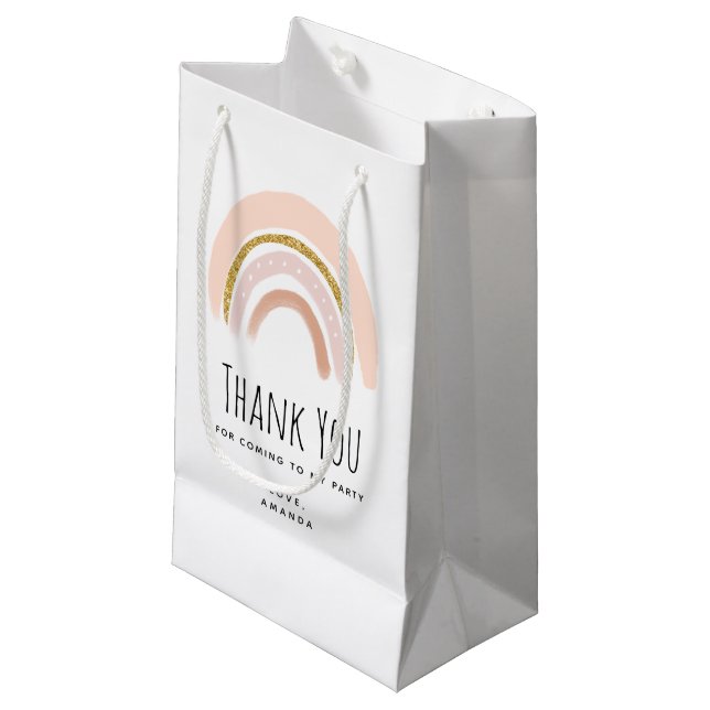 Pink & Gold Rainbow Boho Birthday Thank You Small Gift Bag (Front Angled)