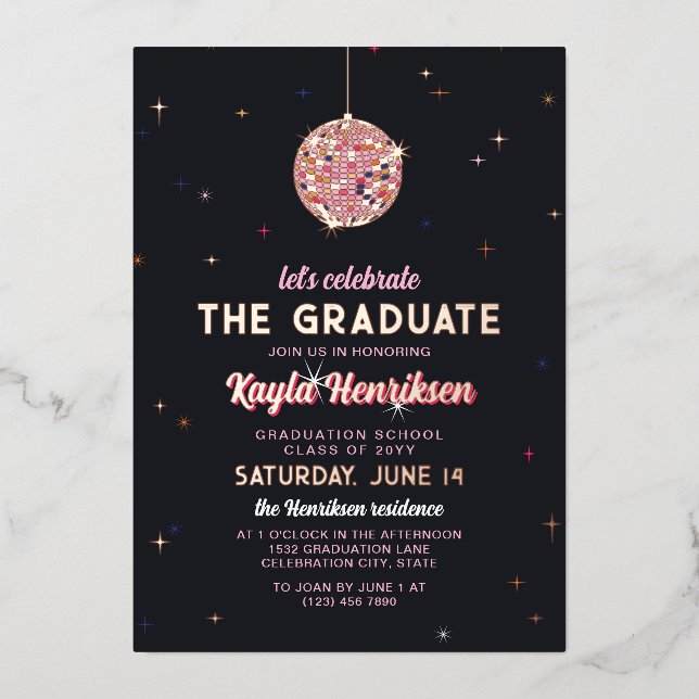 Pink Gold Retro Discoball Flares Graduation Party (Front)