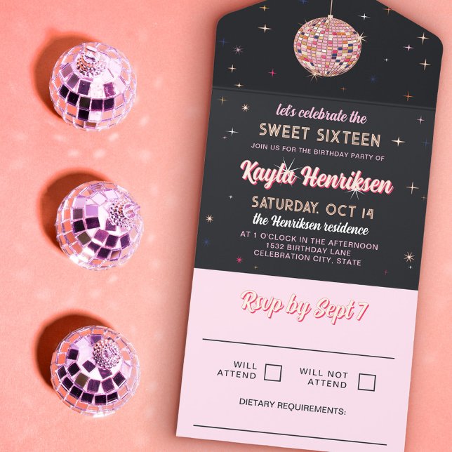 Pink Gold Retro Discoball Flares Sweet 16 Party All In One Invitation (Creator Uploaded)