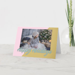 Pink Gold Retro Geometric Happy Holidays Photo Holiday Card