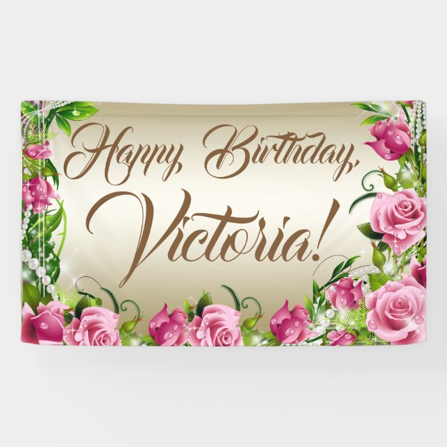 Pink Gold Rose Birthday Party Banner (Horizontal)
