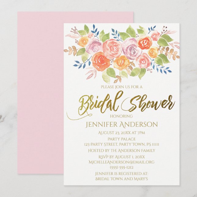 Pink Gold Rose Floral Bouquet Bridal Shower Invitation (Front/Back)