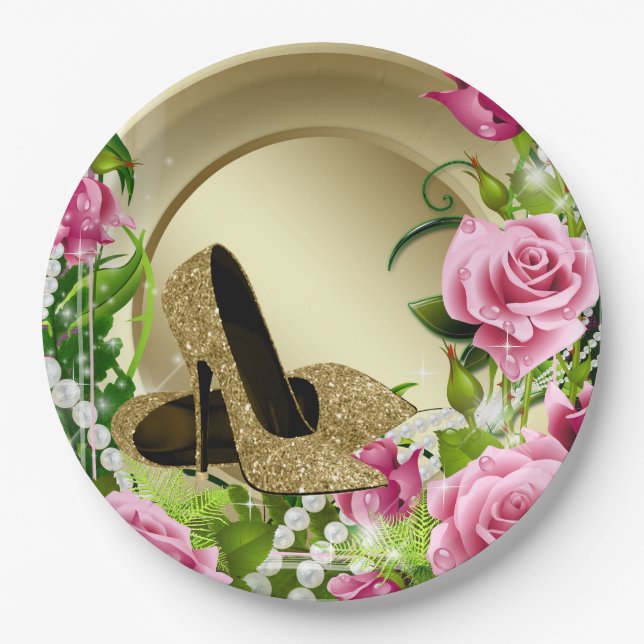 Pink Gold Rose High Heel Shoe Pearl Birthday Party Paper Plate (Front)