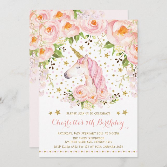 Pink Gold Roses Floral Unicorn Birthday Party Invitation (Front/Back)