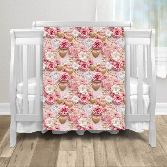Pink Gold Roses Heart Fleece Blanket (Sweet pink roses and gold heart baby blanket.)