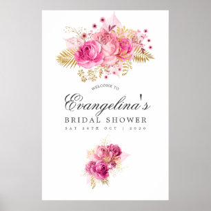 Pink & Gold Roses Watercolor Bridal Shower Welcome Poster
