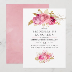 Pink & Gold Roses Watercolor Bridesmaids Luncheon Invitation