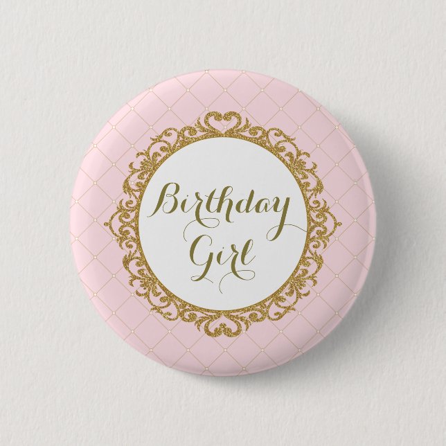 Pink Gold Royal Princess Birthday Girl Round Badge (Front)