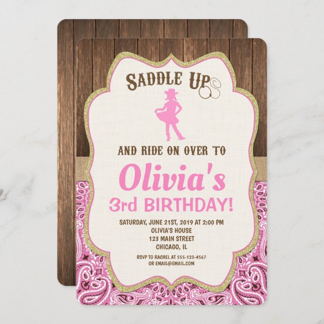 pink gold rustic cowgirl birthday invitations girl (Front/Back)