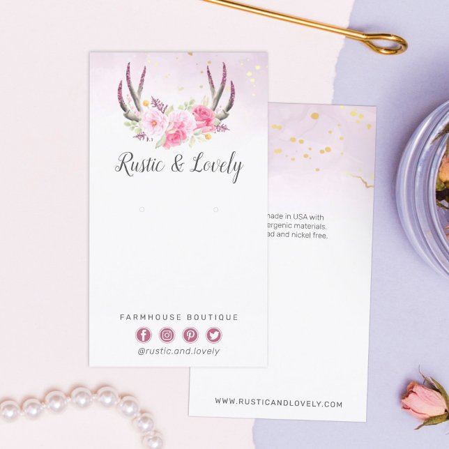 Pink Gold Rustic Floral Antlers Earring Jewellery Business Card (Creator Uploaded)