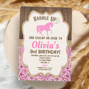 Pink Gold Rustic Horse Birthday Girl Invitation