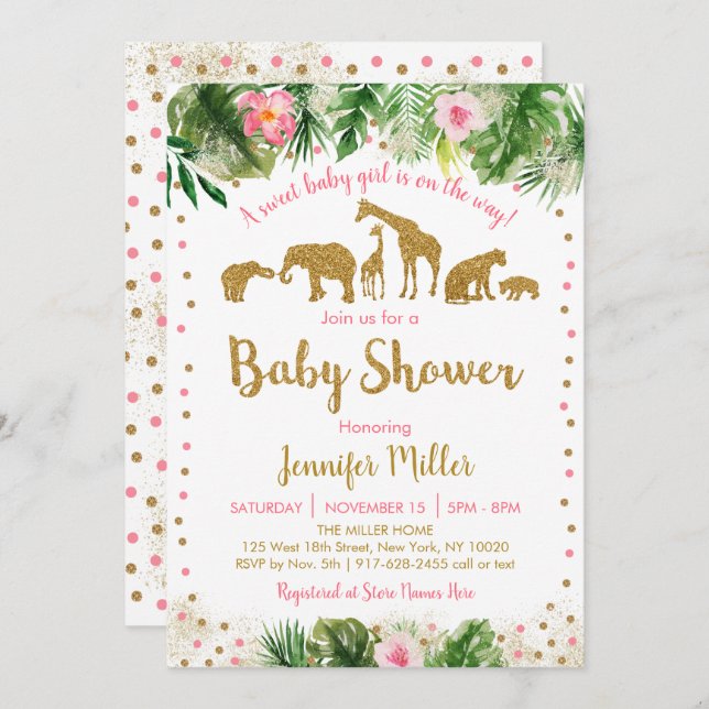 Pink & Gold Safari Animal Baby Shower Invitation (Front/Back)