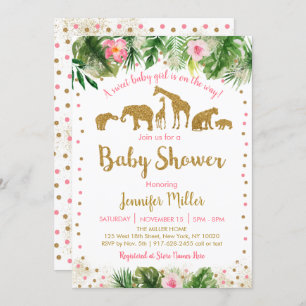Pink & Gold Safari Animal Baby Shower Invitation