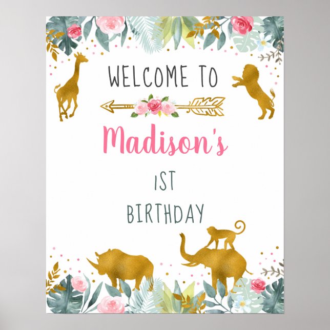Pink Gold Safari Animal Greenery Birthday Welcome Poster (Front)