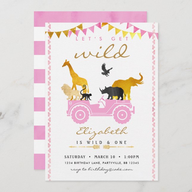 Pink Gold Safari Birthday Invitation (Front/Back)