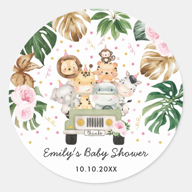 Pink Gold Safari Jungle Animals Greenery Baby Girl Classic Round Sticker (Front)
