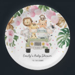 Pink Gold Safari Jungle Animals Greenery Baby Girl Paper Plate<br><div class="desc">This adorable design features tropical green and gold watercolor greenery,  pink florals and a group of cute jungle animals</div>