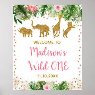 Pink & Gold Safari Wild One First Birthday Welcome Poster