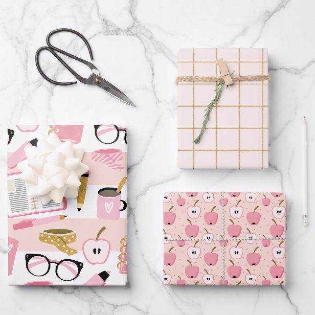 Pink Gold School Girl Wrapping Paper Set (Front)