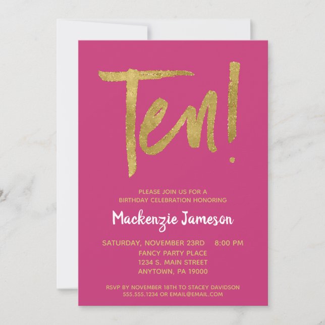 Pink Gold Script 10th Birthday Party Invitation (Front)