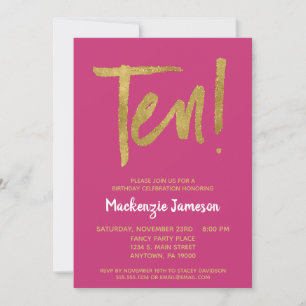 Pink Gold Script 10th Birthday Party Invitation