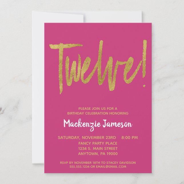 Pink Gold Script 12th Birthday Party Invitation (Front)