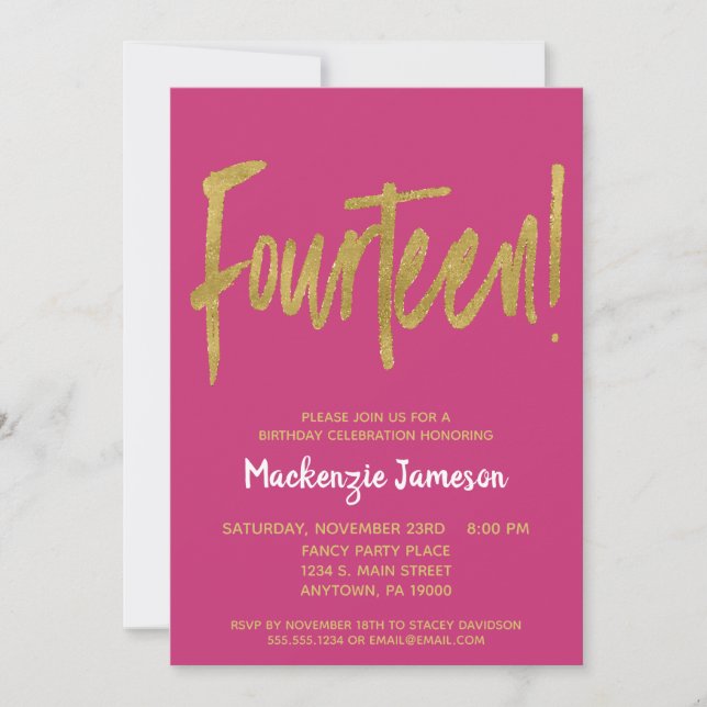 Pink Gold Script 14th Birthday Party Invitation (Front)